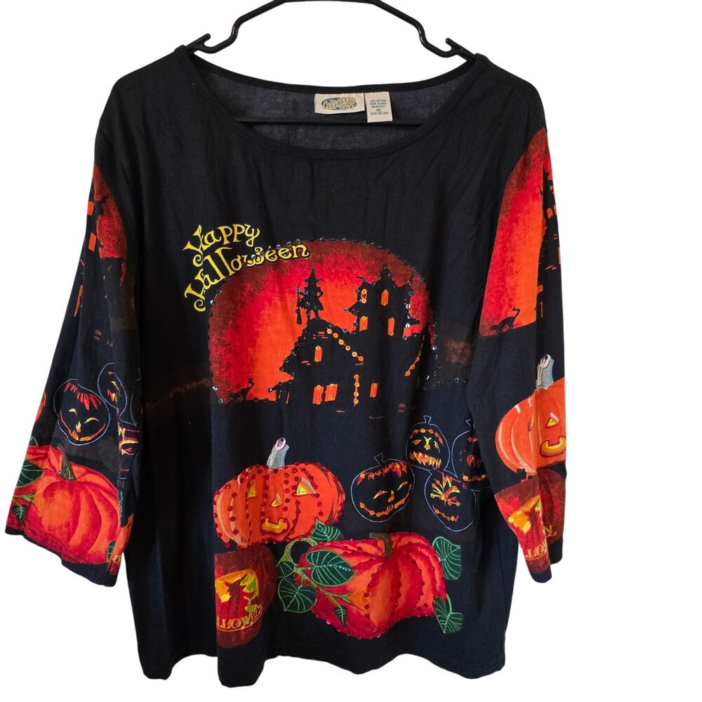 Collections ETC Womens Halloween Print Long Sleeve Top Size XL Black Orange